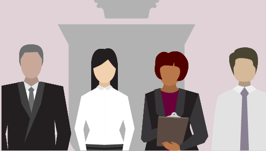 Illustration: Group of four people dressed in business casual clothing, RCDSO crest